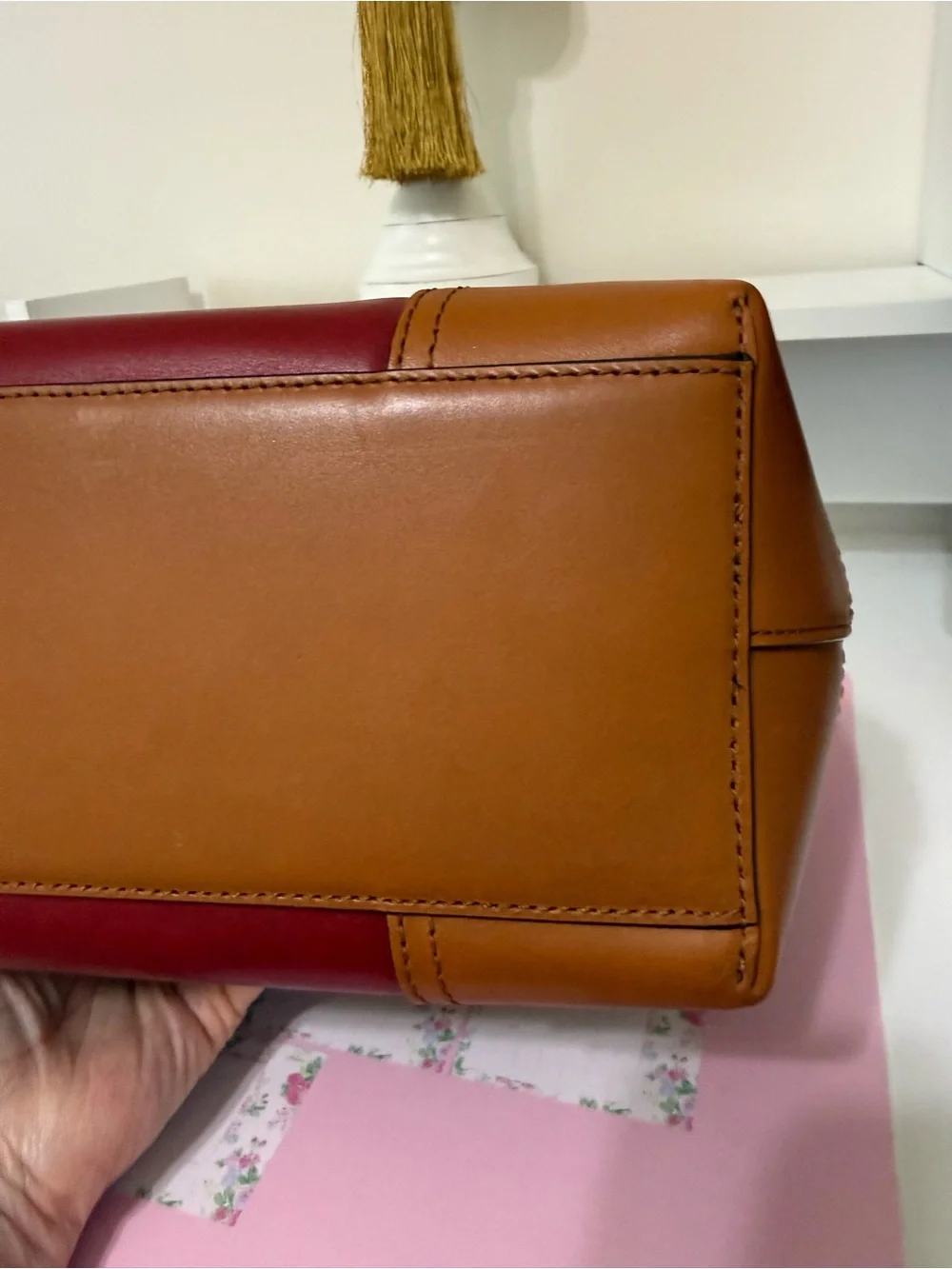 Ralph Lauren Two-Tone Burgundy and Tan Leather Shoulder Bag